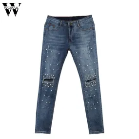 2017 Women Knee Hole Ripped Jeans Stretch Denim Pencil Pants Slim Fit Rivet Pearl Jeans Long Trousers Low Waist Cowboy O17