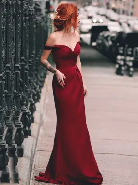 A Line Off The Shoulder Satin Floor-length Long Prom Dresses, Off Shoulder Burgundy Formal Evening Dresses