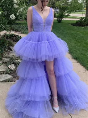 A Line V Neck Purple Tulle High Low Prom Dresses, High Low Purple Tulle Long Formal Evening Dresses