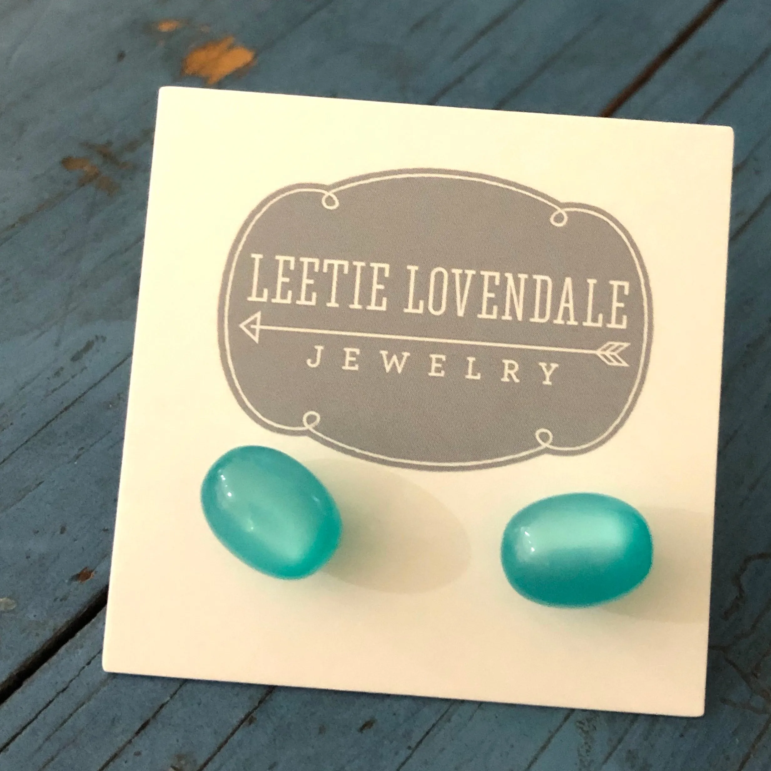 Aqua Blue Green Moonglow Oval Stud Earrings