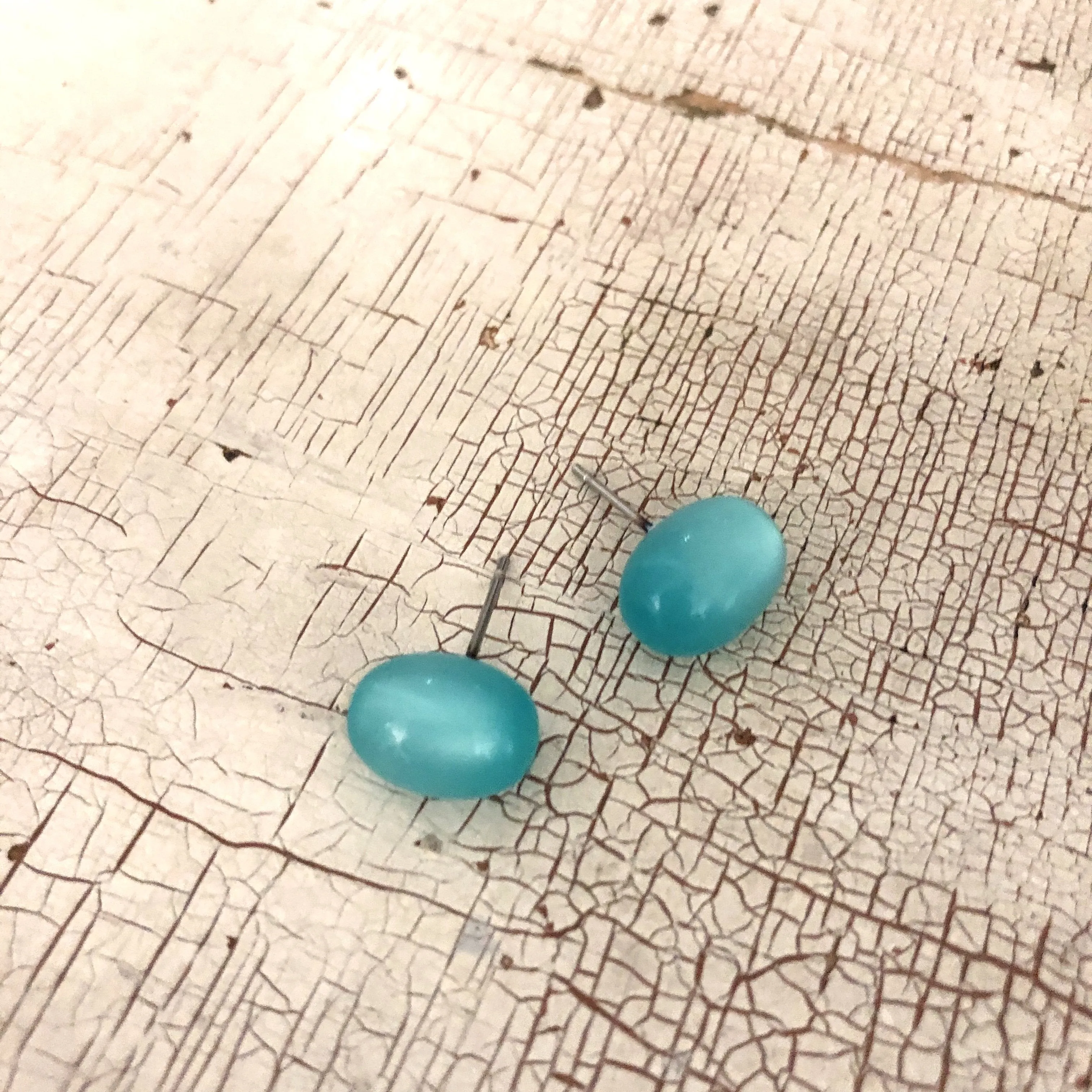 Aqua Blue Green Moonglow Oval Stud Earrings