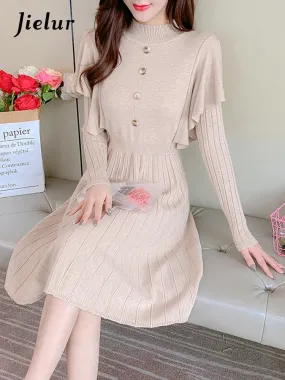 Autumn Dress French Style Slim Waist Mid-Length Knitted Dress Fashion Simple A-Line Black Khaki Dresses Women S-XL