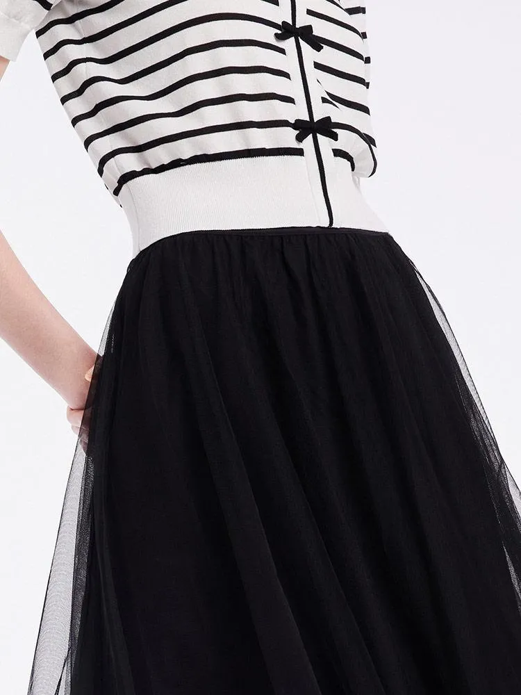 Black And White Striped Top And Mesh Half Women Skirt Two-piece Set