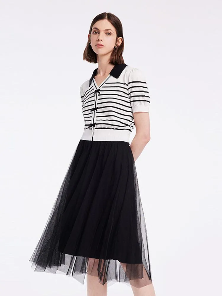 Black And White Striped Top And Mesh Half Women Skirt Two-piece Set