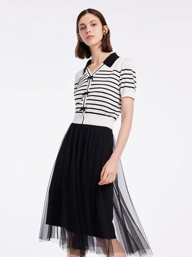 Black And White Striped Top And Mesh Half Women Skirt Two-piece Set