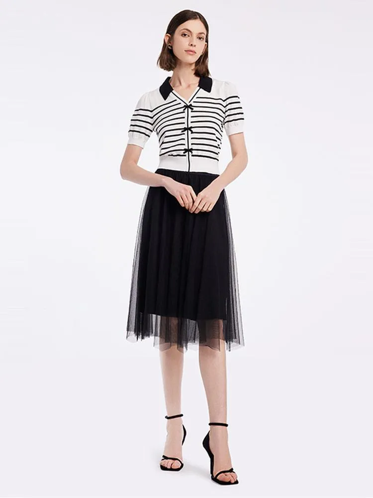 Black And White Striped Top And Mesh Half Women Skirt Two-piece Set