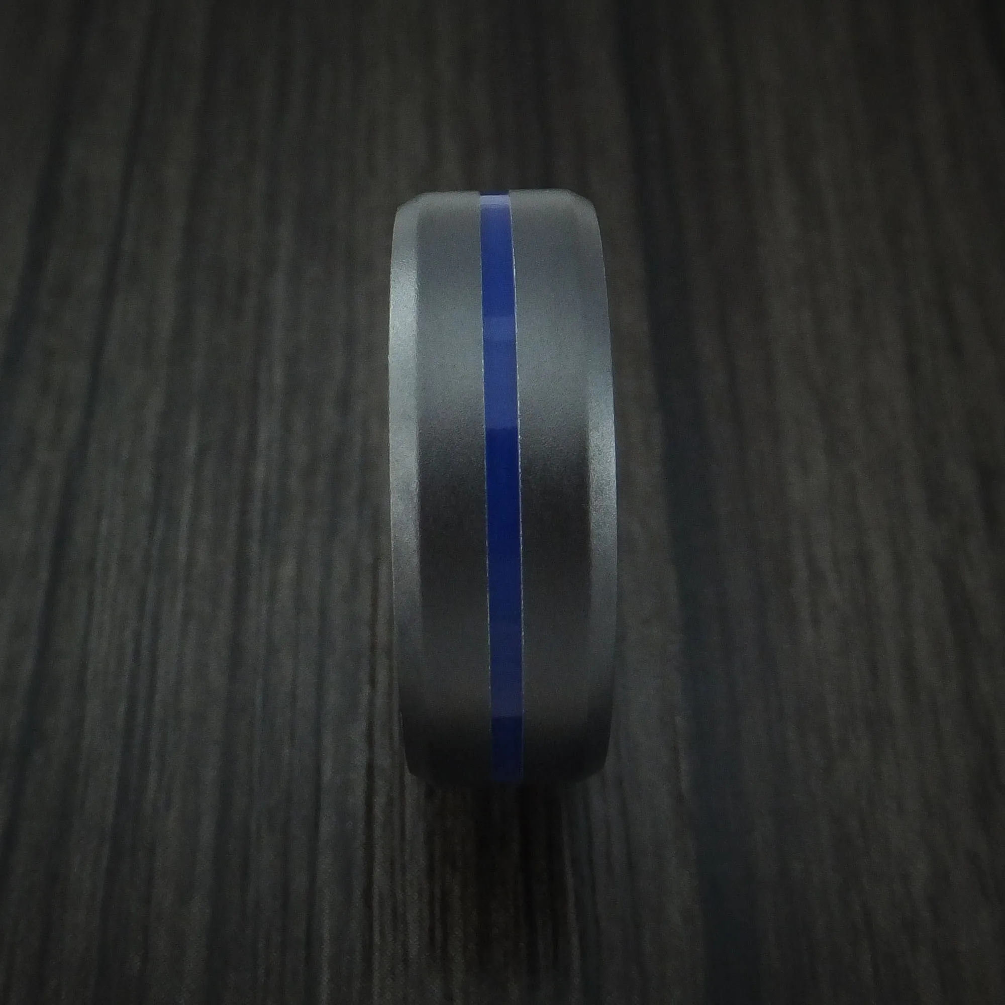 Black Titanium Men's Ring with Center Blue Inlay Wedding Band Genuine Craftsmanship