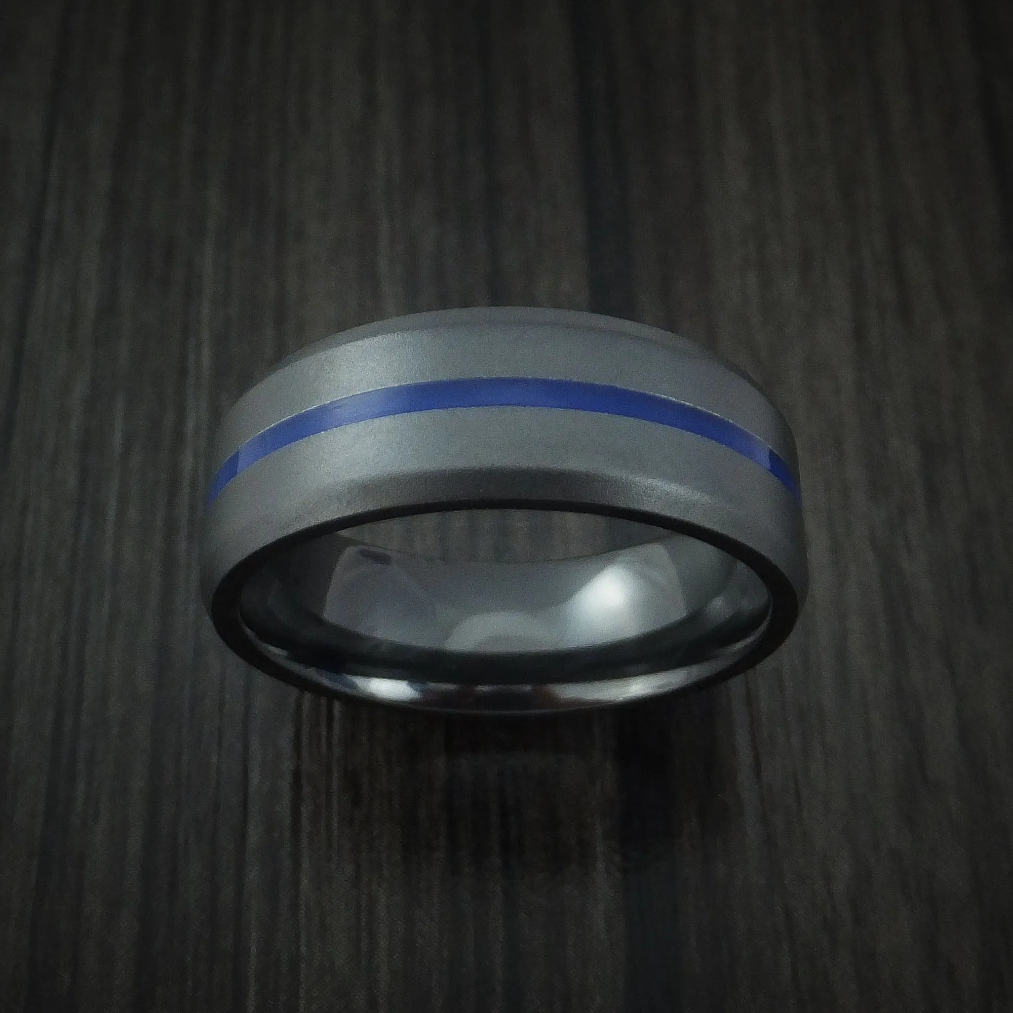 Black Titanium Men's Ring with Center Blue Inlay Wedding Band Genuine Craftsmanship