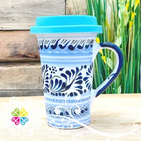 Blue Feathers - Talavera Coffee Mug with Lid