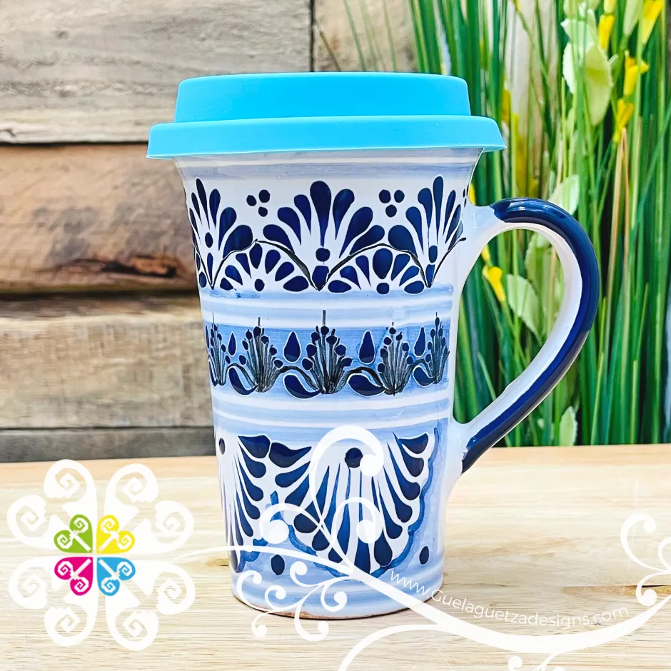 Blue Feathers - Talavera Coffee Mug with Lid