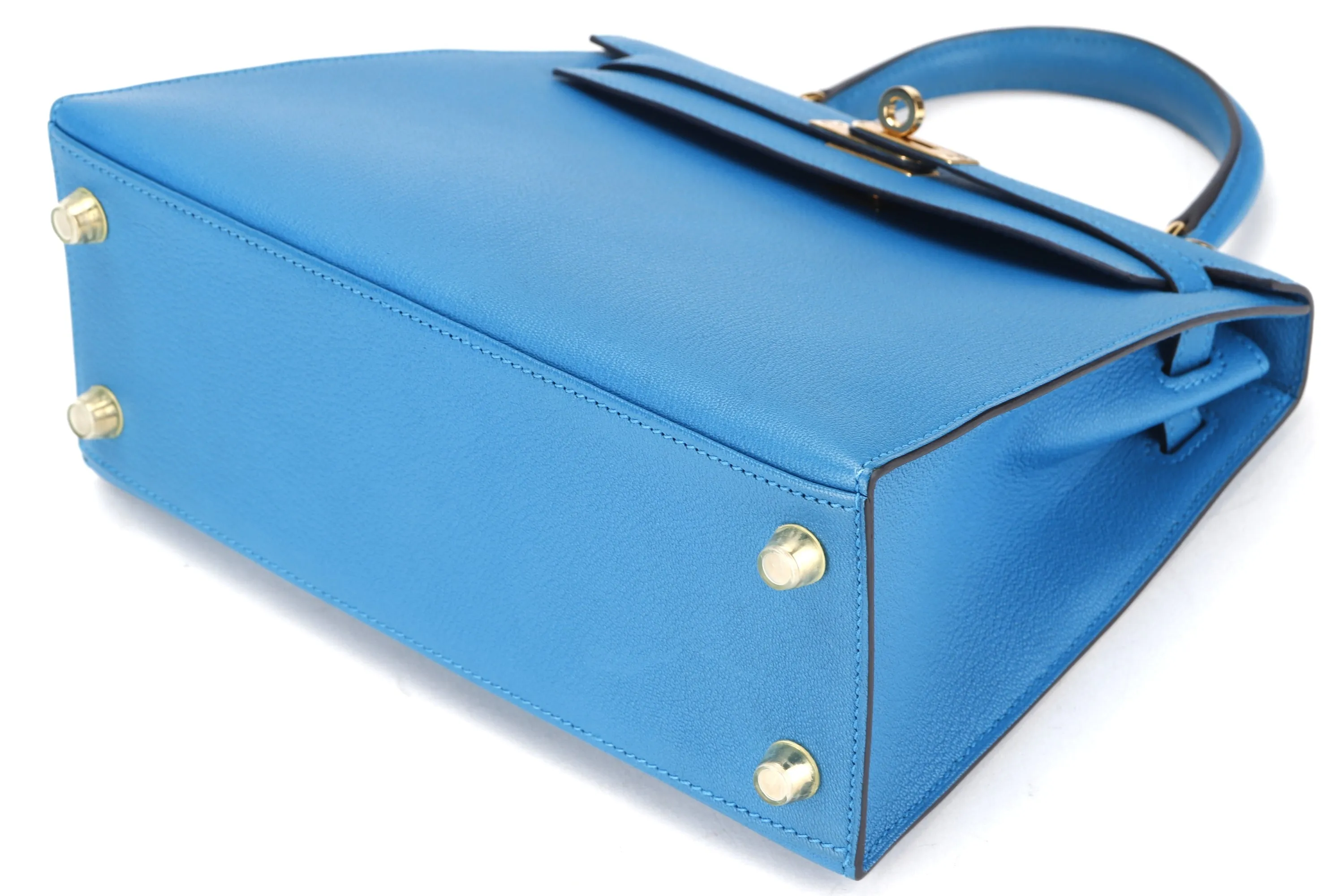 HERMES KELLY 25CM (STAMP C) BLUE ZANZIBAR CHEVRE LEATHER GOLD HARDWARE, WITH KEYS, LOCK, STRAP, RAINCOAT, DUST COVER & BOX