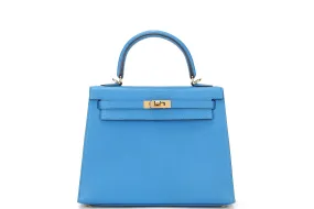 HERMES KELLY 25CM (STAMP C) BLUE ZANZIBAR CHEVRE LEATHER GOLD HARDWARE, WITH KEYS, LOCK, STRAP, RAINCOAT, DUST COVER & BOX