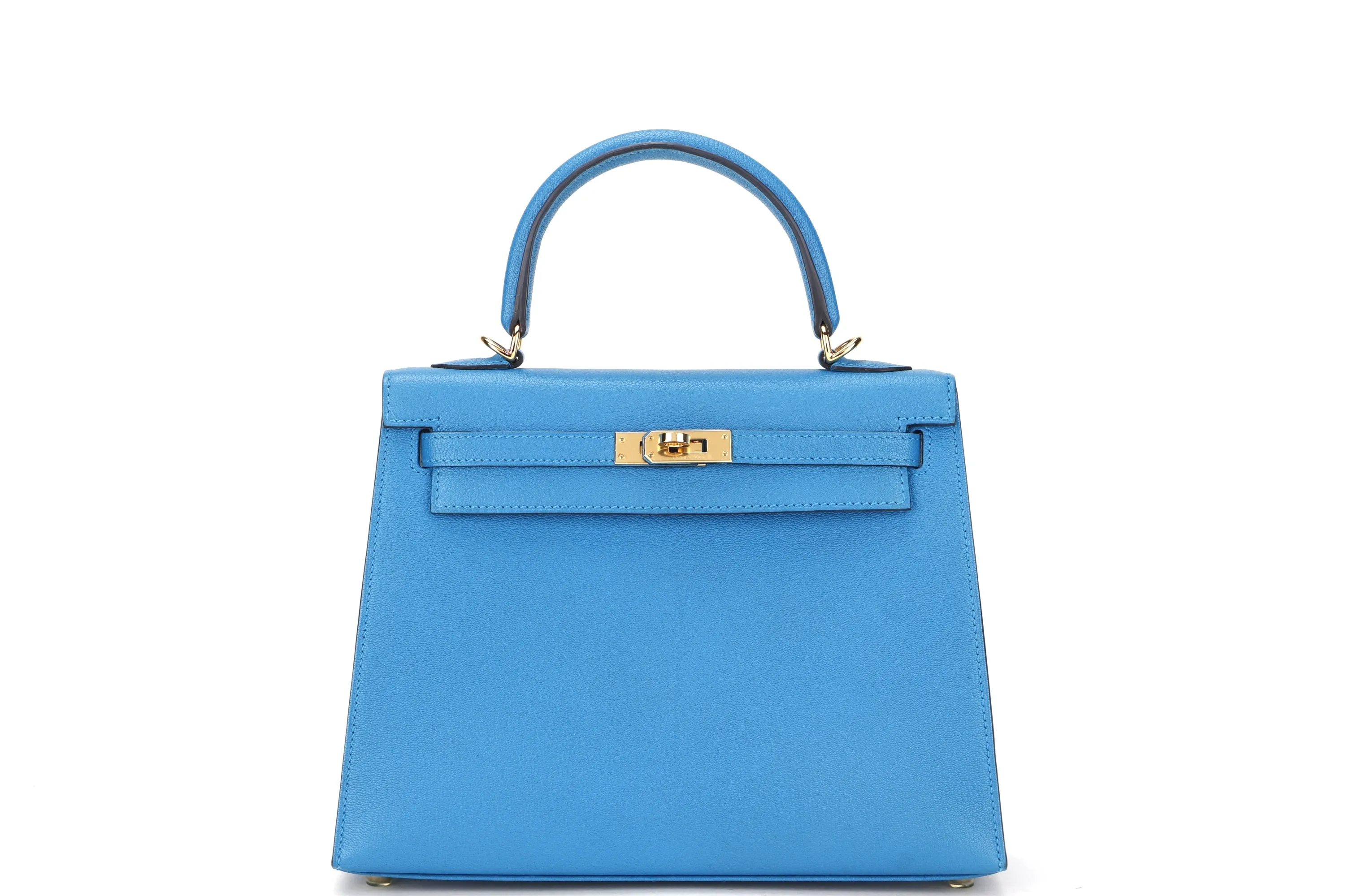 HERMES KELLY 25CM (STAMP C) BLUE ZANZIBAR CHEVRE LEATHER GOLD HARDWARE, WITH KEYS, LOCK, STRAP, RAINCOAT, DUST COVER & BOX