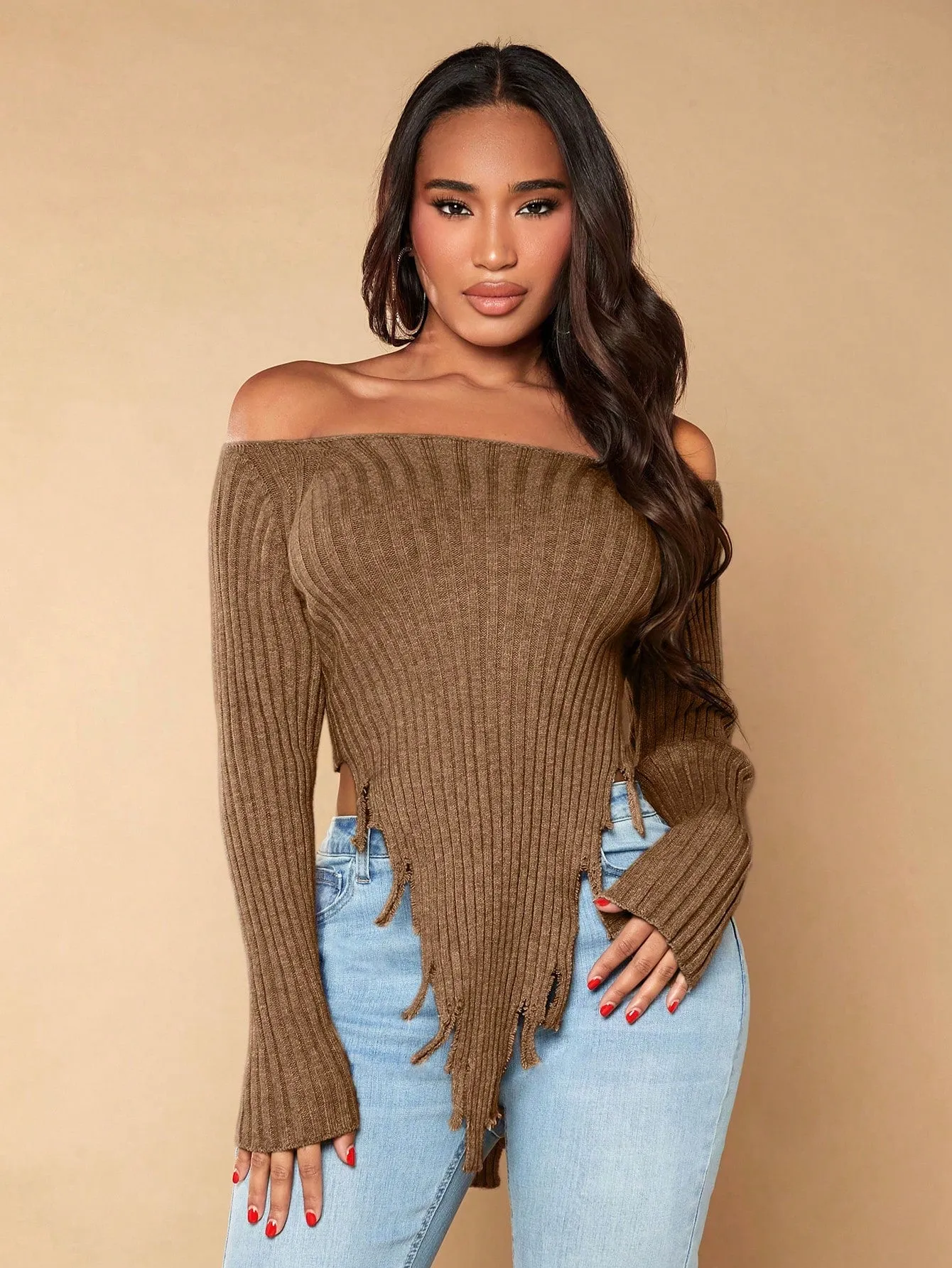 Off the Shoulder Asymmetrical Crop Sweater