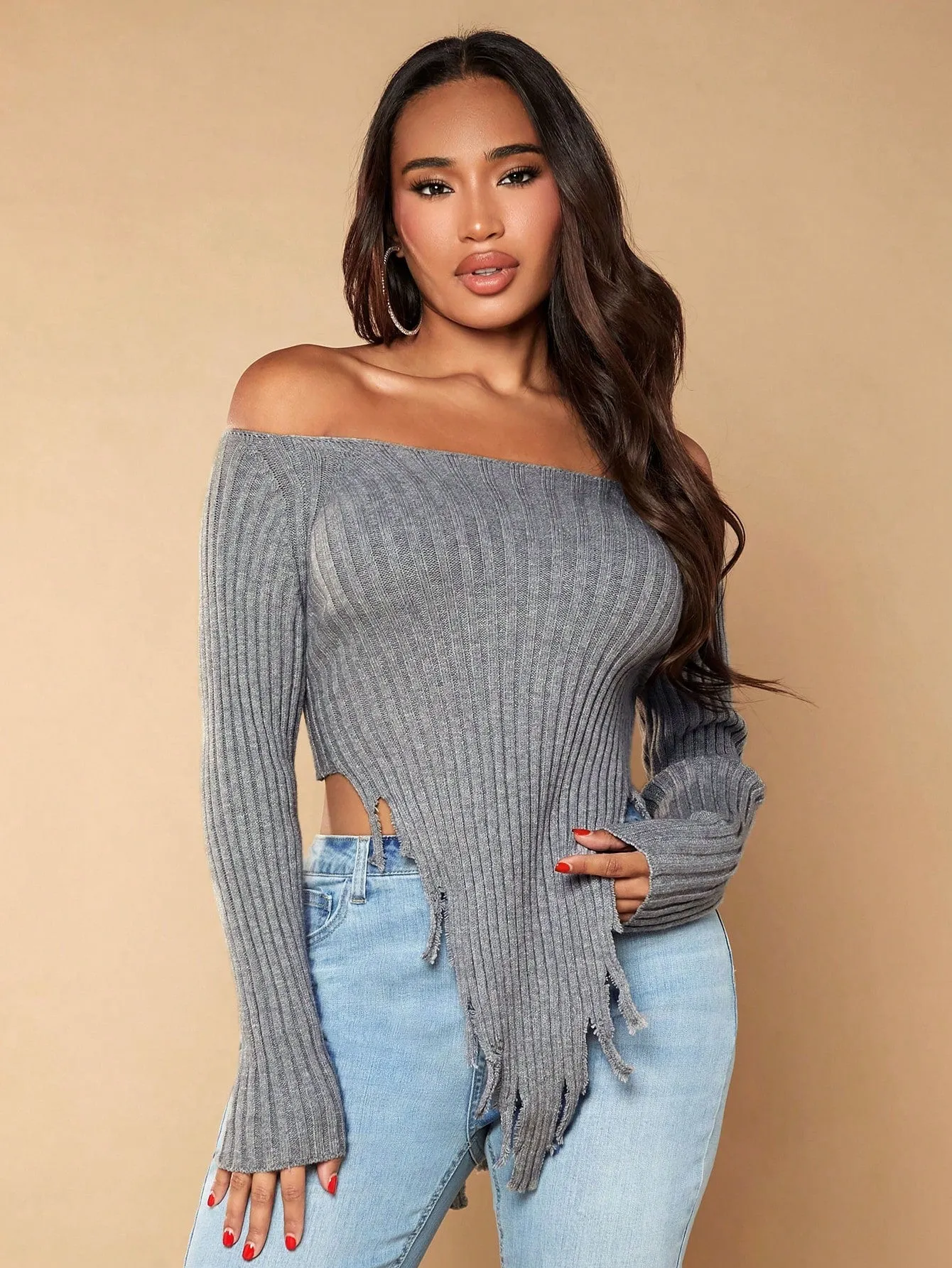 Off the Shoulder Asymmetrical Crop Sweater