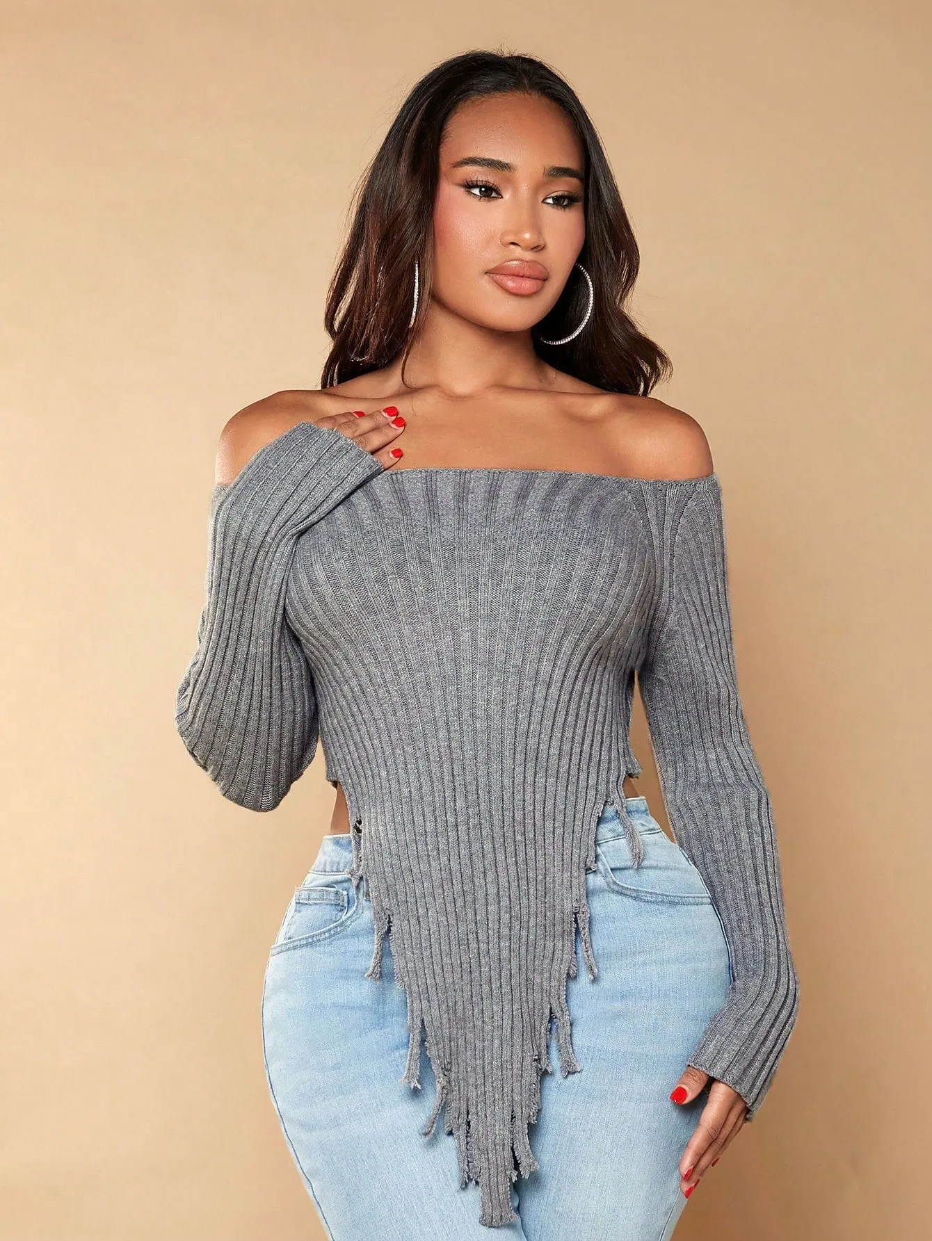 Off the Shoulder Asymmetrical Crop Sweater