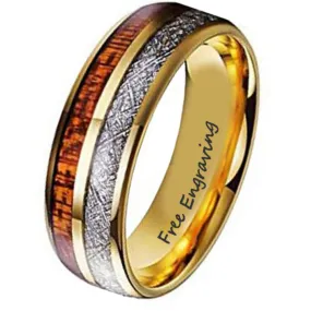 Personalized Men's Gold Tungsten Promise Ring Wood and Meteor