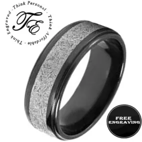 Personalized Men's Tungsten Wedding Ring With IMI Meteorite Inlay - Engraved Ring