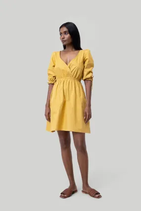 Reistor Gathered Elbow Sleeve Short Dress in Mustard