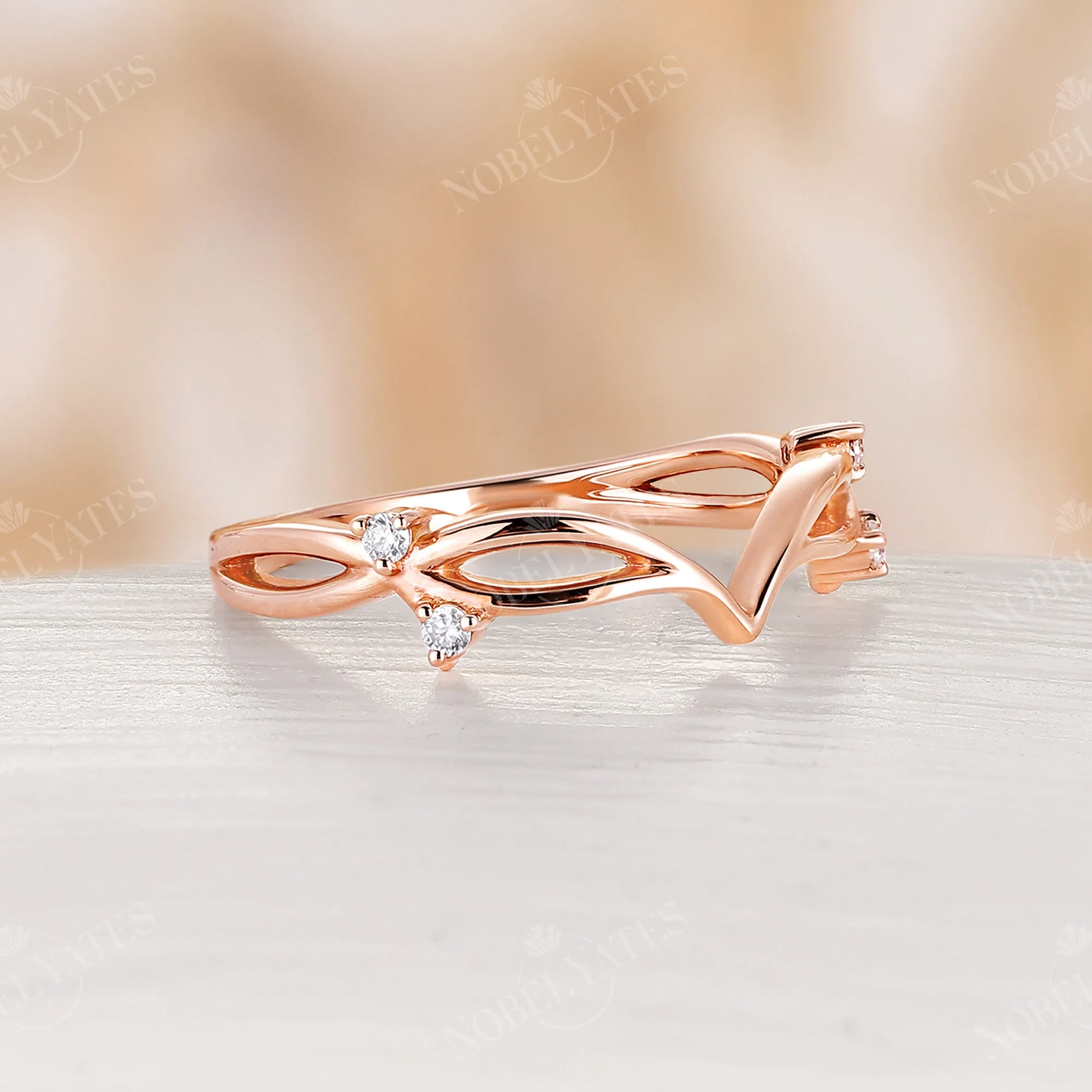 Round Cut Moissanite Vintage Rose Gold Chevron Wedding Band