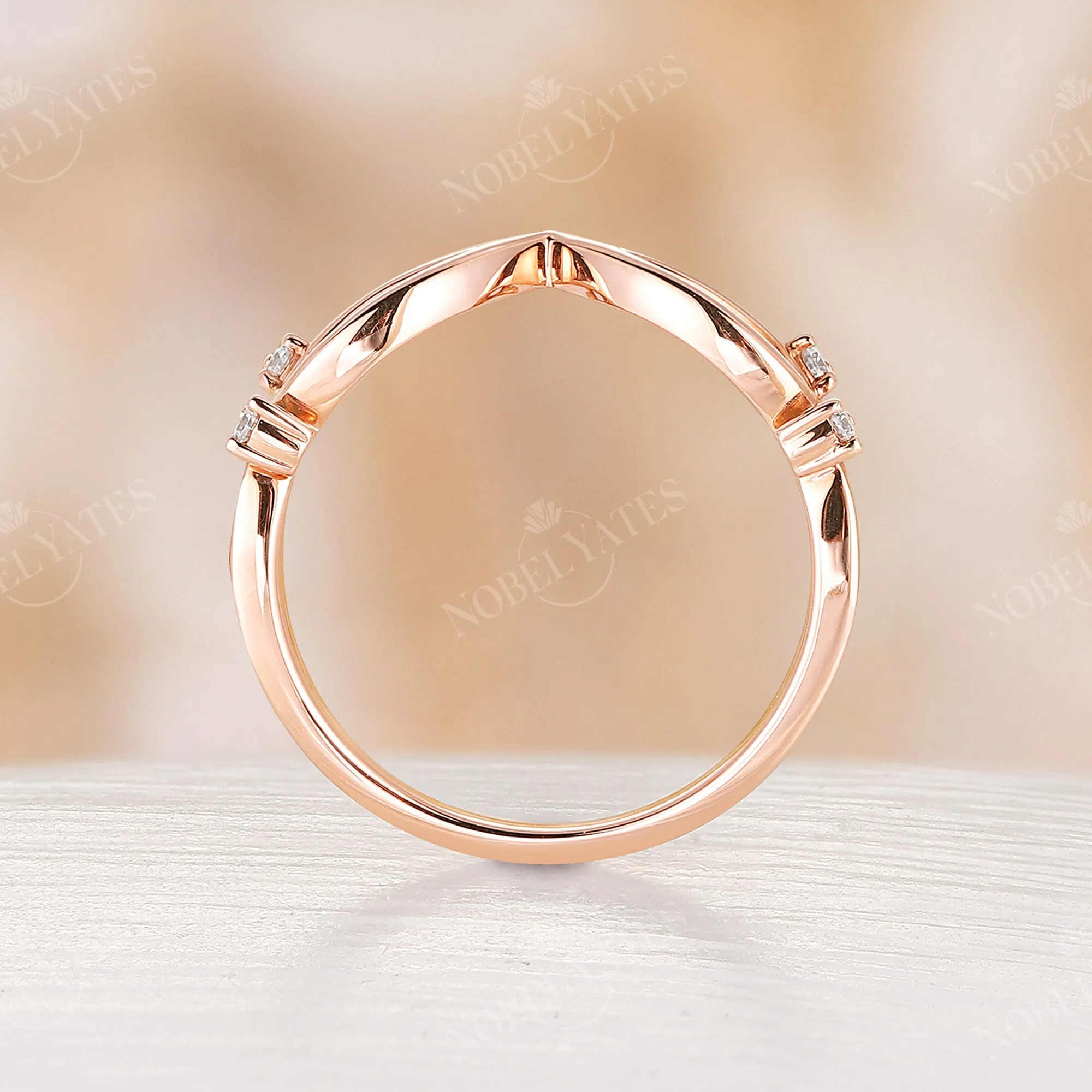 Round Cut Moissanite Vintage Rose Gold Chevron Wedding Band