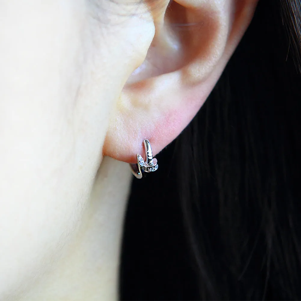 Small Nail CZ Accent Huggie Hoop Earrings