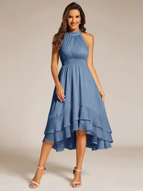 Sparkly High-Low Ruffle Halter Neck Wedding Guest Dress with Pleating