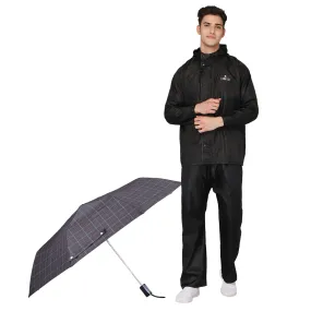 THE CLOWNFISH Combo Of Rain Coat for Men Waterproof Polyester (Black 3XL) Umbrella 3 Fold Waterproof Pongee (Checks Design- Dark Pink)